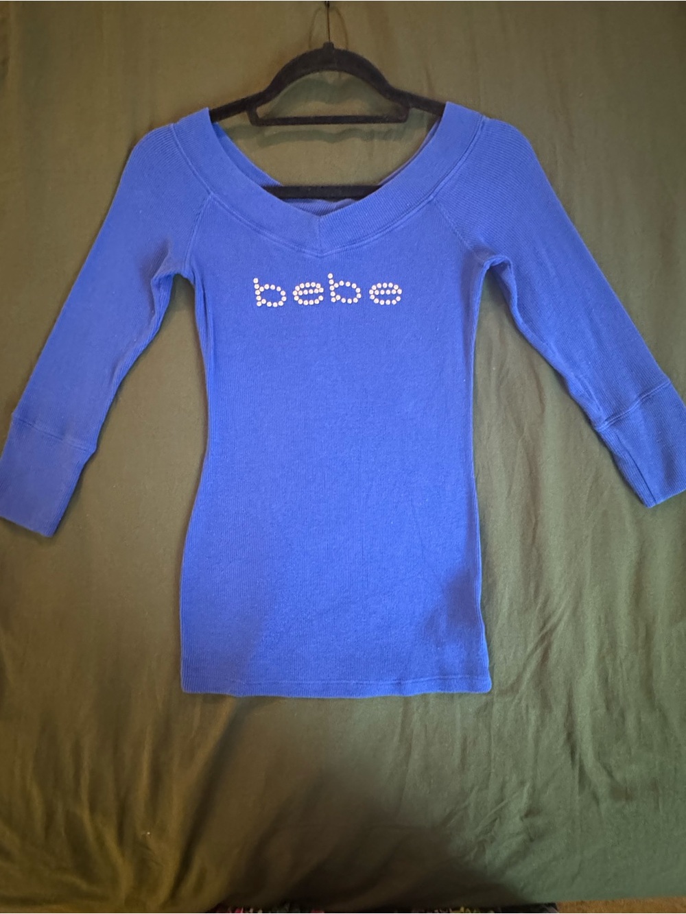 bebe Royal Blue Rhinestone Logo Long Sleeve Sweater Top